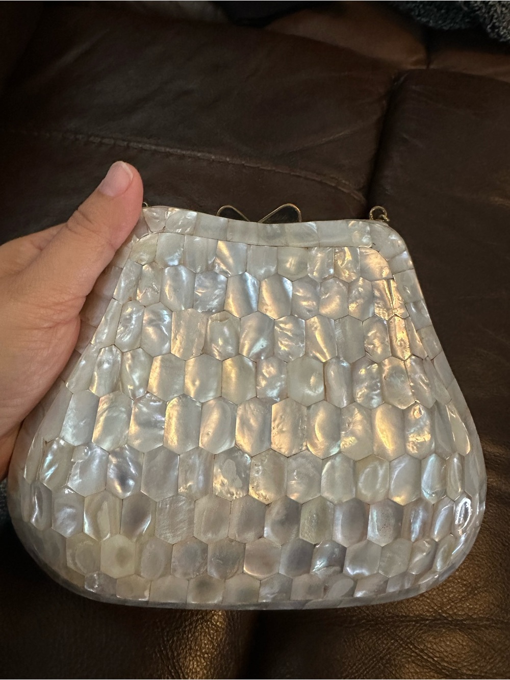 Vintage Pearlescent Shell Mosaic Clutch bag with Gold Chain - Picture 6 of 10